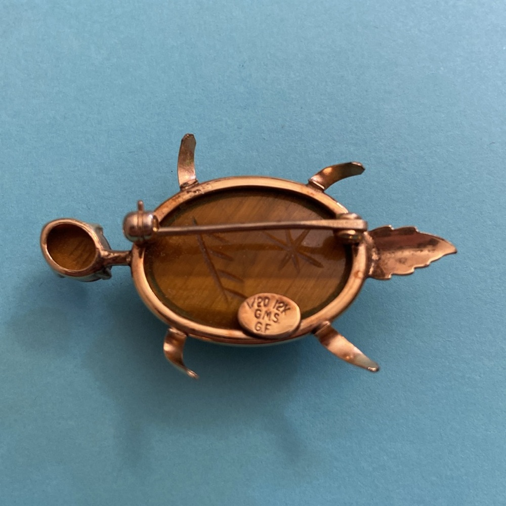 Vintage 60s 12K GF Tigers Eye Stone Carved Scarab Turtle Broach - Picture 3 of 9